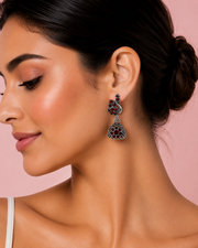 Fancy Peacock Ruby Red Oxidized Jhumka Earrings | Stylish Partywear Jhumki