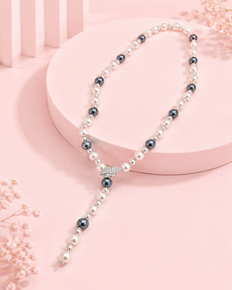 Trendy Dual-Tone Pearl Lariat Necklace with Crystal Leaf Design for Women & Girls