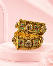 Gold-Plated Broad Mesh Kada for Women | American Diamond Studded Floral Motif | Traditional Honeycomb Design Bengals | Festive & Wedding Wear | Set 2