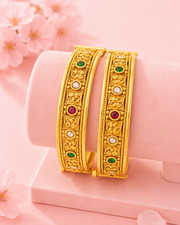 Traditional Gold Plated Multi-Color Stone Studded Openable Bangles for Women | Antique Temple Jewelry | Ruby, Emerald & White CZ Accents | Pack of 2