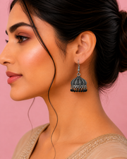 Trendy Fancy Oxidized Black Bead Jhumka / Stylish Silver Jhumki for Partywear