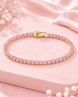 Fancy Stylish Pink Stone Tennis Bracelet | Partywear Gold Plated Bracelet for Women