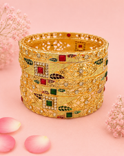 Traditional Gold Plated Meenakari Bangle Set for Women | Antique Kada with Green & Red Stones