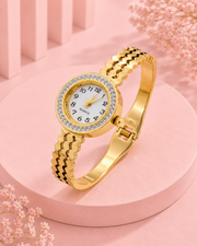 Fancy Gold-Plated Bangle Watch | Stylish Partywear AD Stone Studded Bracelet Watch for Women