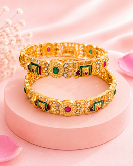 Traditional Antique Gold Plated Ruby Emerald Studded Bangle Set (Pack of 2)