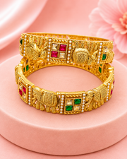 Stylish Elephant Design Matte Gold Bangles / Fancy Partywear Multi-color Kangan (Pack of 2)