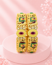 Traditional Antique Gold Plated Ruby Emerald Studded Bangle Set (Pack of 2)