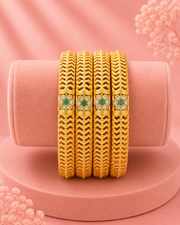 Trendy Green Floral Matte Gold Bangle Set | Fancy Partywear Chuda (Set of 4)