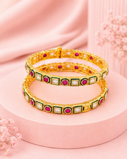 Traditional Gold Plated Antique Openable Kada Bangles for Women | Ruby & Kundan Floral Work Adjustable Bracelet | Gold & Red | (Pack of 2)