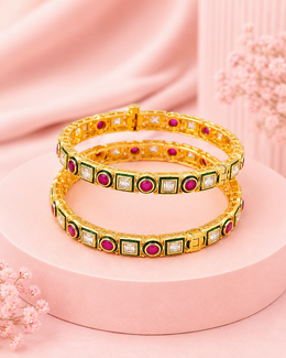 Traditional Gold Plated Antique Openable Kada Bangles for Women | Ruby & Kundan Floral Work Adjustable Bracelet | Gold & Red | (Pack of 2)
