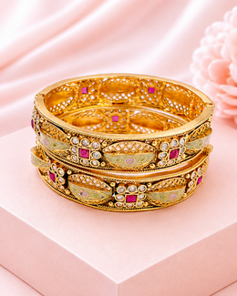 Gold Plated Meenakari & Kundan Studded Plastic-Free Alloy Bangle Set (Pack of 2)