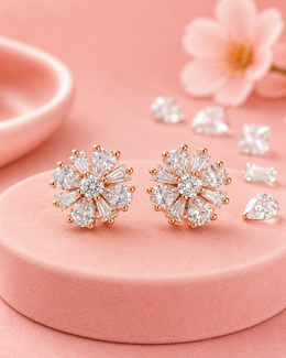 Fancy Stylish Flower Studs | Rose Gold American Diamond Earrings | Partywear Dailywear Tops for Women