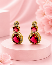 Fancy Ruby Red Stone Gold Plated Earrings | Stylish Partywear Drop Earrings for Women
