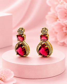 Fancy Ruby Red Stone Gold Plated Earrings | Stylish Partywear Drop Earrings for Women