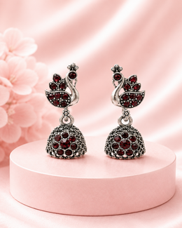 Fancy Peacock Ruby Red Oxidized Jhumka Earrings | Stylish Partywear Jhumki