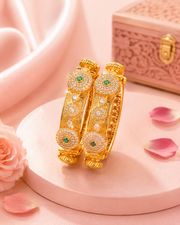 Fancy Emerald Green & White Stone Openable Kadas | Stylish Antique Gold Plated Bangles (Set of 2)