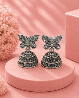 Stylish Butterfly Jhumka / Fancy Oxidized Silver Butterfly Earrings / Partywear Jhumki