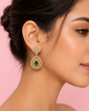 Fancy Stylish Emerald Green Teardrop Earrings | Partywear Gold Plated Stone Earrings