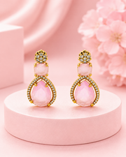 Stylish Pink Stone Fancy Earrings | Partywear Gold Plated Danglers | Trending Rose Pink Drop Earrings