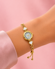 Fancy Gold Heart Adjustable Bracelet Watch | Stylish Partywear Ghadi for Women