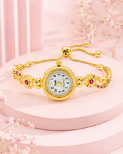 Stylish Fancy Gold Bracelet Watch - Adjustable Free Size Partywear Watch for Women