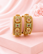 Gold-Plated Broad Mesh Kada for Women | American Diamond Studded Floral Motif | Traditional Honeycomb Design Bengals | Festive & Wedding Wear | Set 2