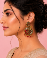 Stylish Antique Peacock Jhumka | Fancy Red Stone Earrings | Partywear Ethnic Earring for Women