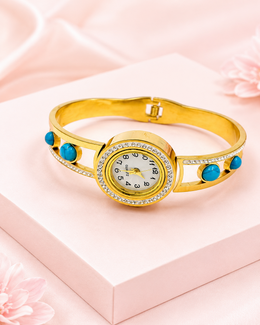 Fancy Gold-Plated Turquoise Bangle Watch | Stylish Partywear Bracelet Ghadi for Women