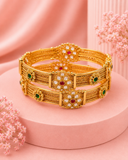 Traditional Gold Plated Antique Temple Bangles for Women | Ruby & Emerald Studded Floral Filigree Kada Set | Adjustable Openable Kada | Matte Finish | Pack of 2
