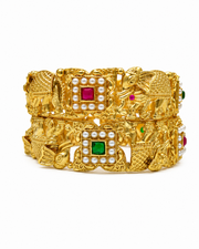 Royal Elephant Motif Temple Kada Set - 2 Heavy Partywear Stone & Pearl Bengals