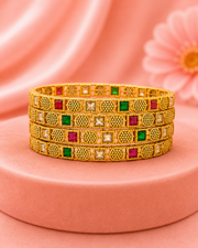 Stylish Emerald Green & White Stone Bangles / Fancy Gold Plated Chudi Set (4 Pcs)