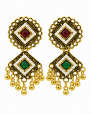 Fancy Gold Plated Partywear Red-Green Stone Earrings | Trending Traditional Pearl Danglers