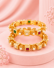 Traditional Gold Plated Multi-Color Stone & Pearl Studded Openable Bangles for Women | Antique Temple Jewelry | Pack of 2