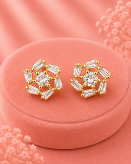 Fancy Stylish White Stone Gold Studs / Partywear Flower Earrings for Women