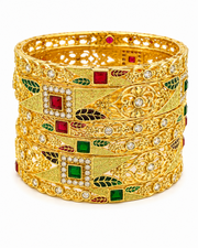 Traditional Gold Plated Meenakari Bangle Set for Women | Antique Kada with Green & Red Stones