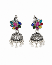Peacock Motif Oxidized Silver Jhumka Earrings with Multi-Color Stones