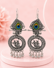 Fancy Krishna Peacock Feather Oxidized Silver Earrings | Stylish Partywear Earrings for Women