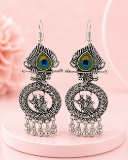 Fancy Krishna Peacock Feather Oxidized Silver Earrings | Stylish Partywear Earrings for Women