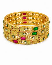 Stylish Gold-Plated Filigree Bangle Set (4 Pcs) - Red & Green Stones