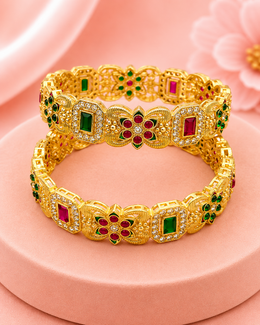 Traditional Gold Plated Rajwadi Kada Bangle Set for Women | Ruby & Emerald Green Stone Studded Antique Floral Design | 2 Pieces