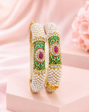 Traditional Rajwadi Bangles for Women | Gold Plated Meenakari Pearl Kada with Adjustable Screw | Ethnic Enamel Jewelry for Wedding & Festive Wear | Green & Red | Set of 2