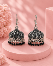 Trendy Fancy Oxidized Black Bead Jhumka / Stylish Silver Jhumki for Partywear