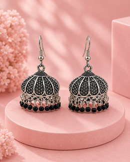 Trendy Fancy Oxidized Black Bead Jhumka / Stylish Silver Jhumki for Partywear