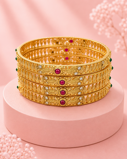 Traditional Gold Plated Ruby Emerald Brass Bangle Set (Pack of 4)