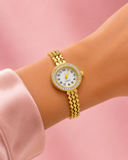 Fancy Gold-Plated Bangle Watch | Stylish Partywear AD Stone Studded Bracelet Watch for Women