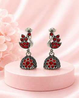 Fancy Peacock Oxidized Jhumka | Stylish Red Stone Partywear Earrings | Trending Ethnic Jhumki