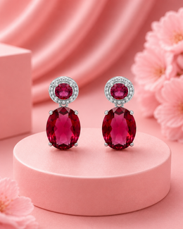 Fancy Ruby Pink Partywear Earrings | Stylish Silver-Plated Drop Earrings | Trending Imitation Jewellery for Girls & Women