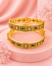 Traditional Gold Plated Multi-Color Stone Studded Openable Bangles for Women | Antique Temple Jewelry | Ruby, Emerald & White CZ Accents | Pack of 2