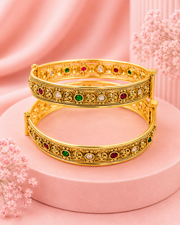 Traditional Gold Plated Multi-Color Stone Studded Openable Bangles for Women | Antique Temple Jewelry | Ruby, Emerald & White CZ Accents | Pack of 2