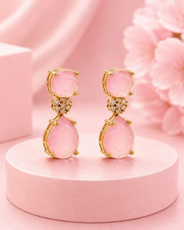 Fancy Rose Pink Teardrop Stylish Earrings / Partywear Gold Plated Dangler